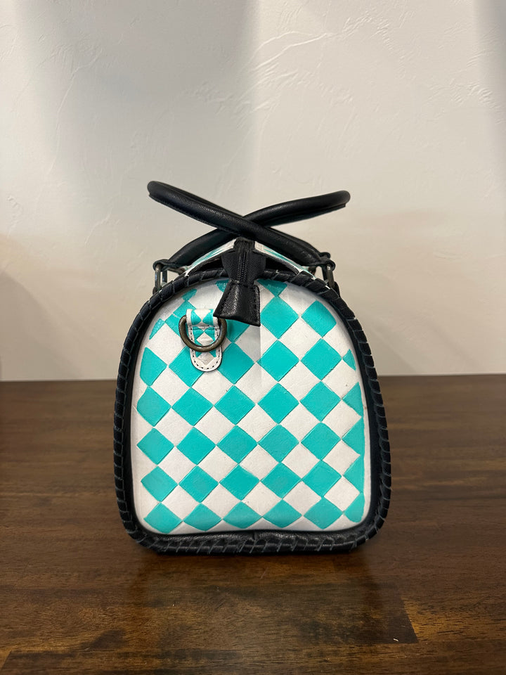 Turquoise Checkered Leather Speedy Bag- Large