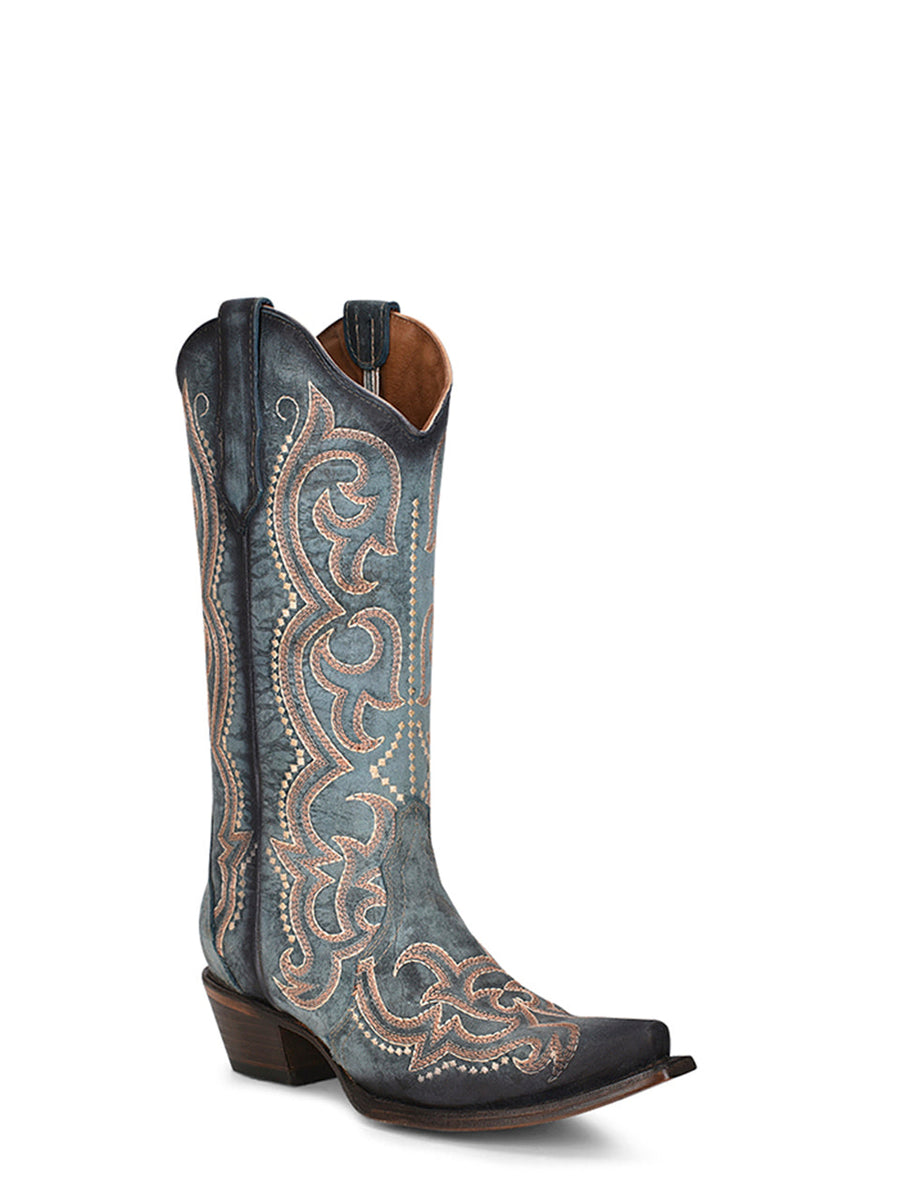 L5869 - Women's Embroidery and Triad Blue Jean Snip Toe Cowboy Boot