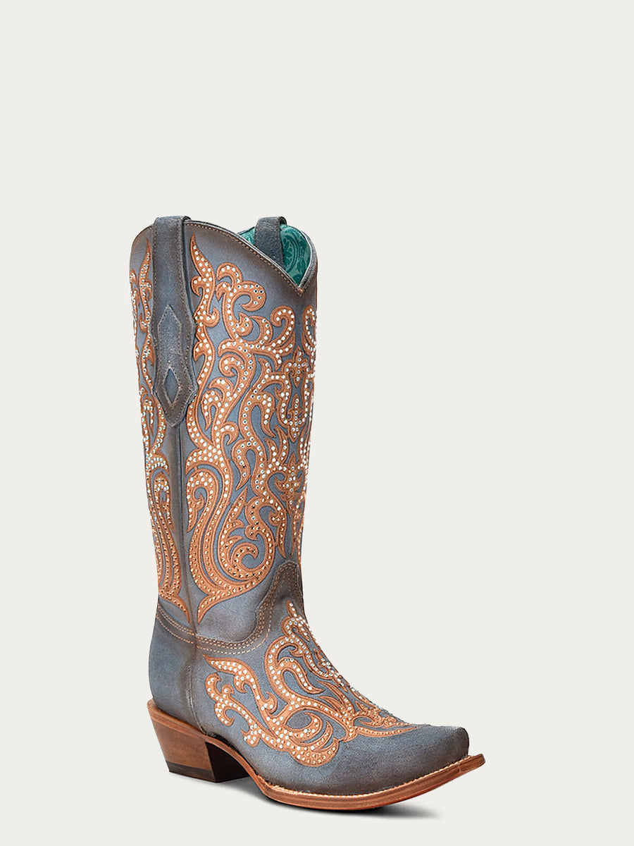 C4124 - Women's Honey Overlay with Crystals Blue Snip Toe Cowboy Boot