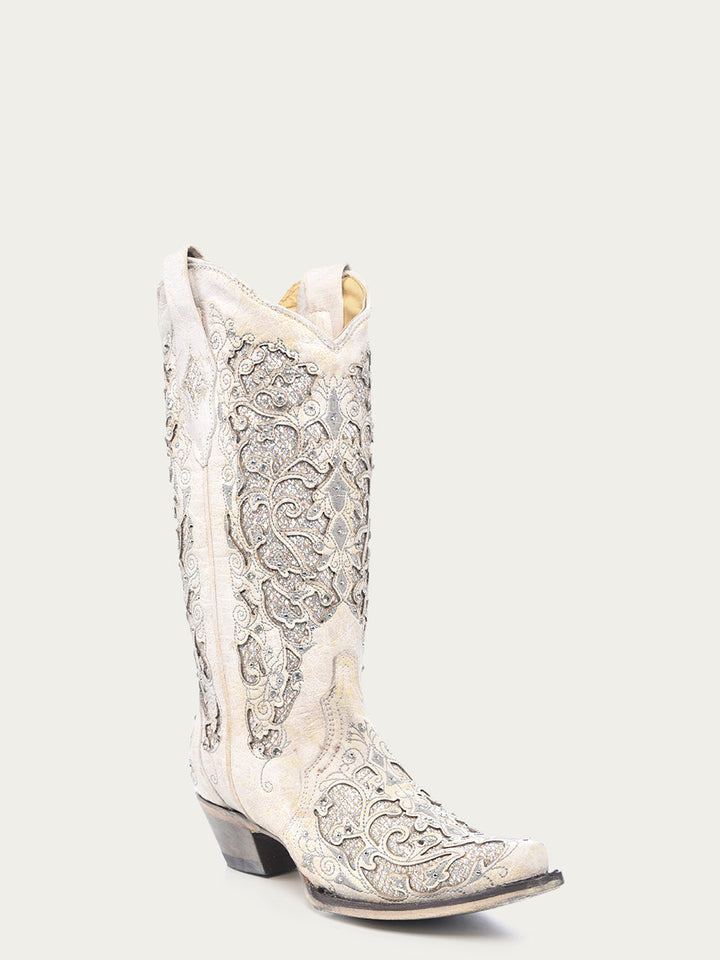 A3322 - Women's White Glittered Inlay and Crystals Snip Toe Wedding Cowboy Boot