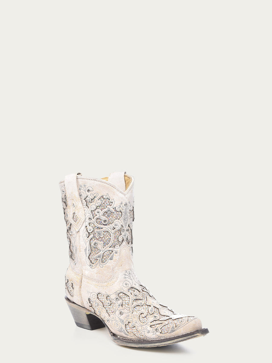 A3550 - Women's White Glittered Inlay and Crystals Snip Toe Wedding Cowboy Bootie