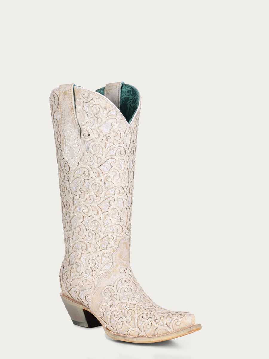 C4050 - Women's White Glitter Overlay and Embroidery Triad Snip Toe Cowboy Boot