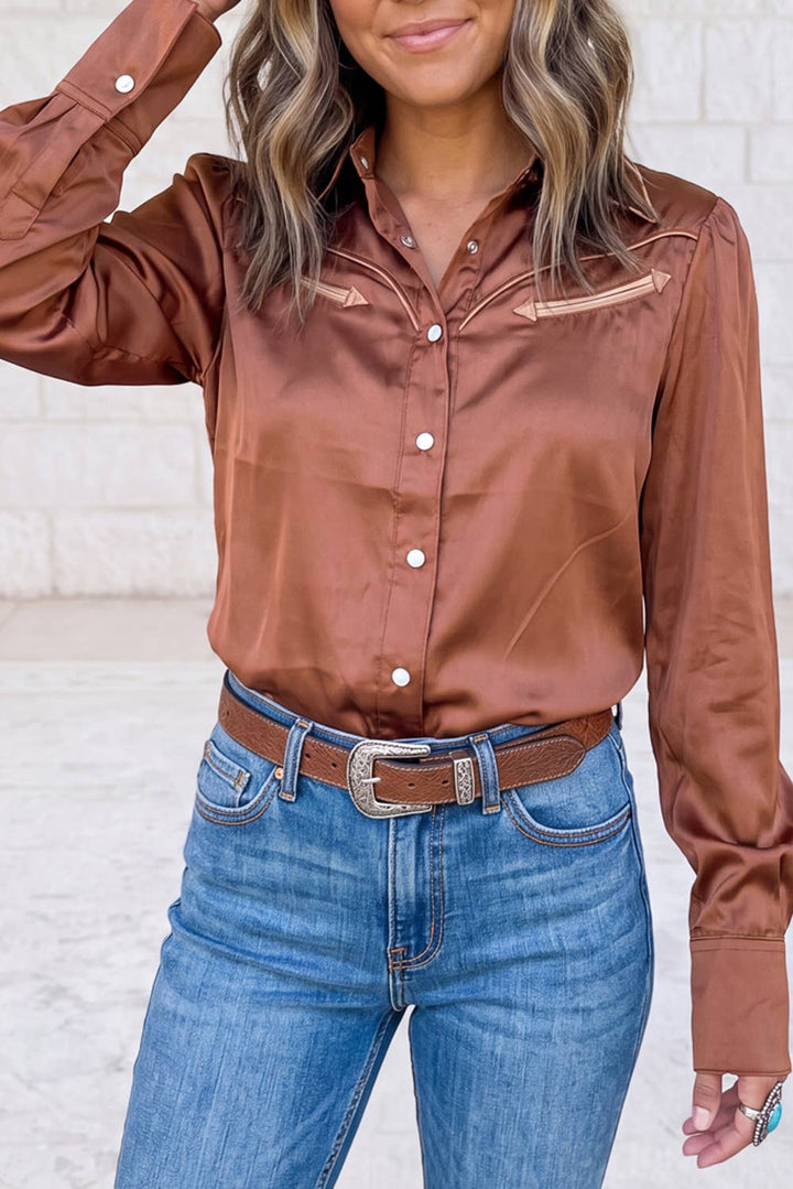 Silky Long Sleeve Button Front Western Fashion Shirt