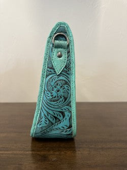 Leather Tooled Cowhide Handbag- Turquoise