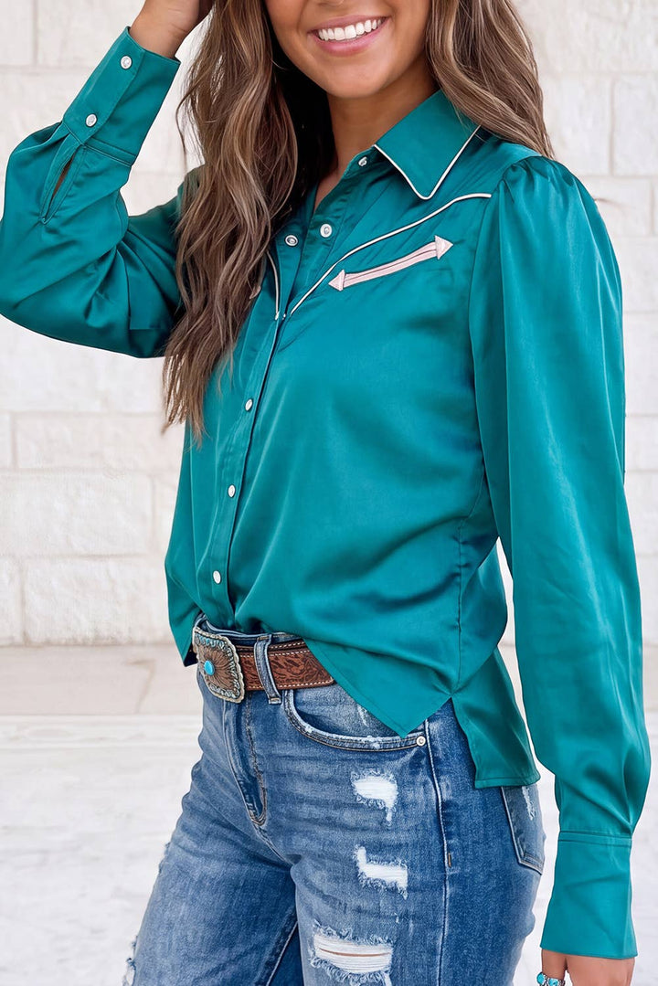 Silky Long Sleeve Button Front Western Fashion Shirt