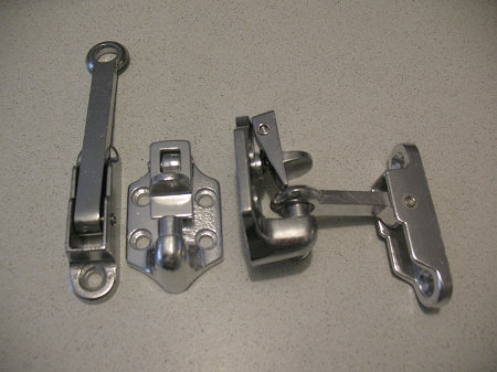 LISA Aluminum Door Hold Back, shown at rest & engaged.