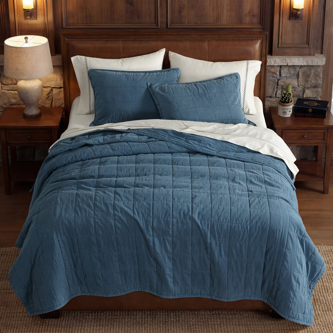 Cotton Canvas Box Stitch Coverlet Set - ST2646CV-QN-BL