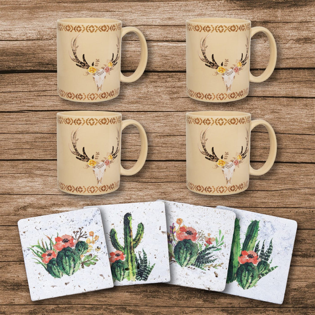 Desert Skull Bohemian Mug & Cactus Blooms Coaster Set - LF1812K2